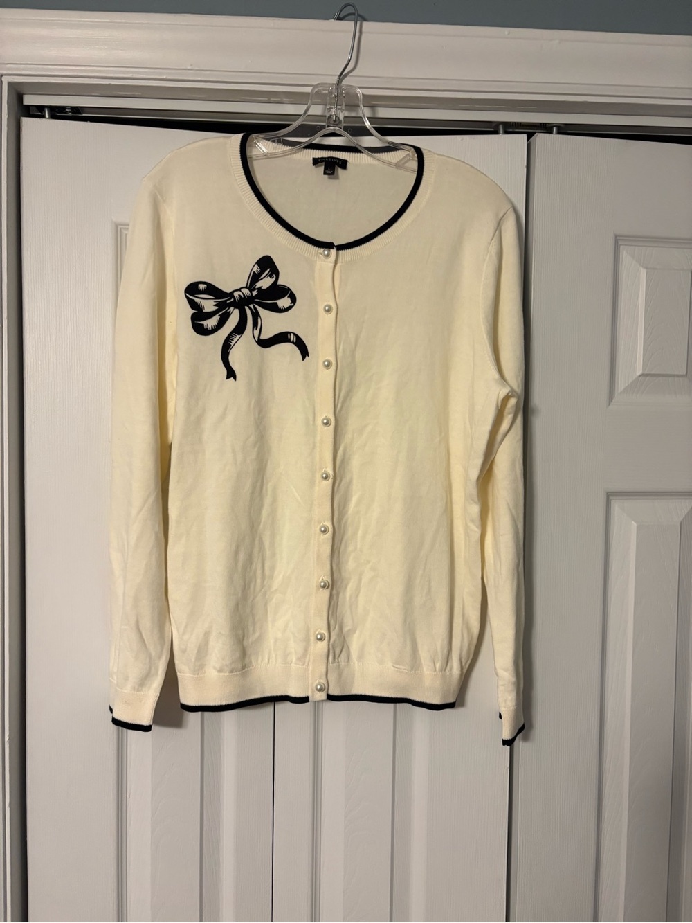 Talbots Cream Cardigan with Black Bow Accent